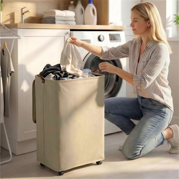 HOMCOM Cesto per Biancheria con Coperchio e Ruote 50 L, Cesta Pieghevole con Sacca a Coulisse Removibile, 40x30x65 cm, Cammello | Aosom Italy