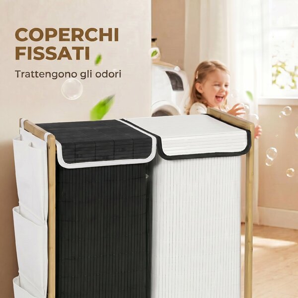 HOMCOM Cesto Portabiancheria 2 Scomparti 120L con Coperchi, Tasche Laterali e Sacchi Estraibili, per Camera da Letto | Aosom Italy