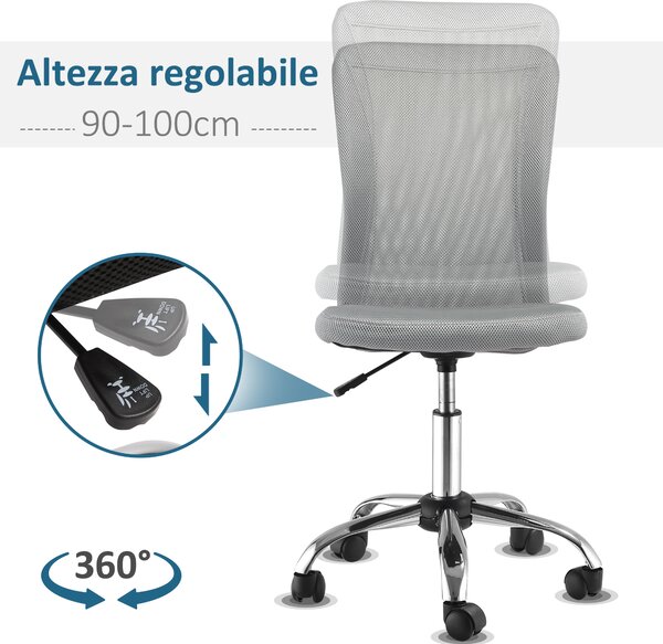 Vinsetto Sedia da Ufficio Ergonomica Girevole, Altezza Regolabile, 5 Ruote, Schienale curvato e Traspirante, 43x46x100cm, Grigio | Aosom Italy