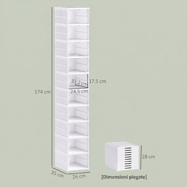 HOMCOM Scarpiera Pieghevole Slim Modulabile con 10 Contenitori per Scarpe, Scarpiera Salvaspazio con Pannello Trasparente, Senza Montaggio, Bianco | Aosom Italy