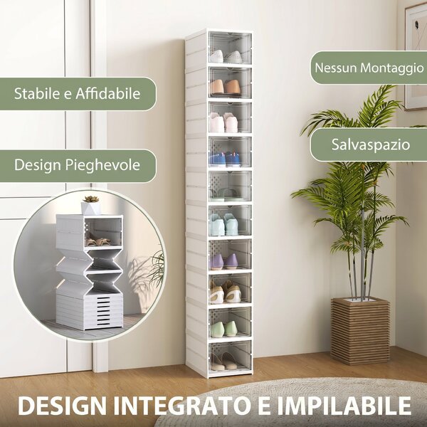 HOMCOM Scarpiera Pieghevole Slim Modulabile con 10 Contenitori per Scarpe, Scarpiera Salvaspazio con Pannello Trasparente, Senza Montaggio, Bianco | Aosom Italy