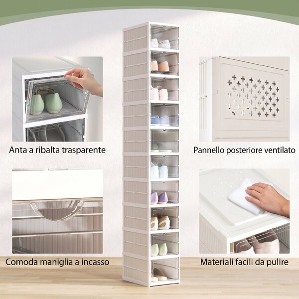 HOMCOM Scarpiera Pieghevole Slim Modulabile con 10 Contenitori per Scarpe, Scarpiera Salvaspazio con Pannello Trasparente, Senza Montaggio, Bianco | Aosom Italy