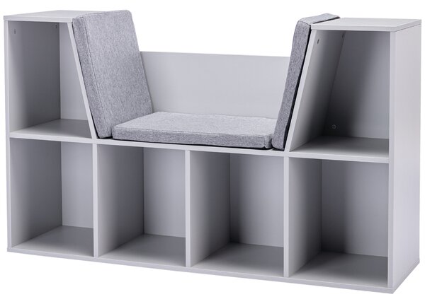 HOMCOM 2-in-1 Scaffale per bambini Scaffale + Panca con Cuscino 103 cm × 30 cm × 62 cm Bianco + Grigio | Aosom Italy