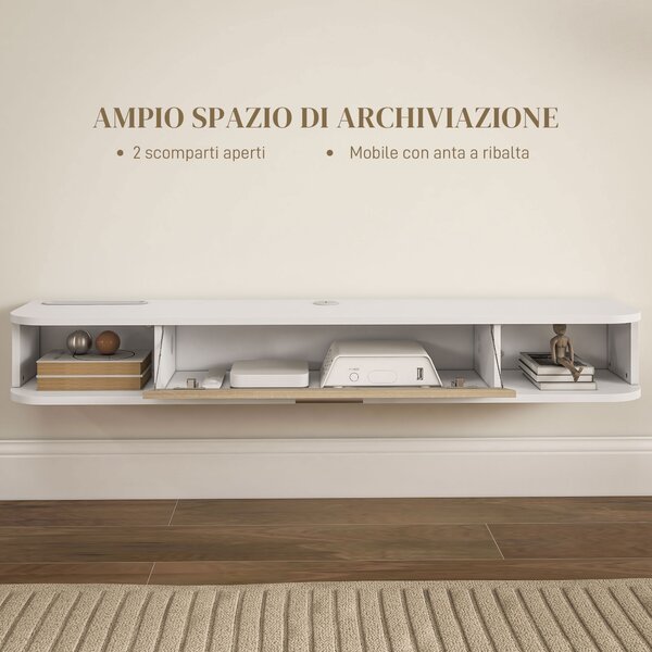HOMCOM Mobile TV Sospeso in Legno con 2 Ripiani Aperti e Armadietto, 120x26x16 cm, Bianco e Rovere | Aosom Italy