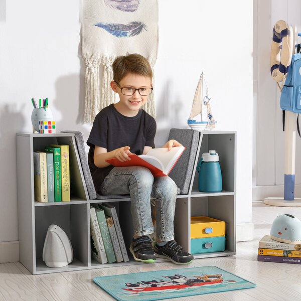 HOMCOM 2-in-1 Scaffale per bambini Scaffale + Panca con Cuscino 103 cm × 30 cm × 62 cm Bianco + Grigio | Aosom Italy