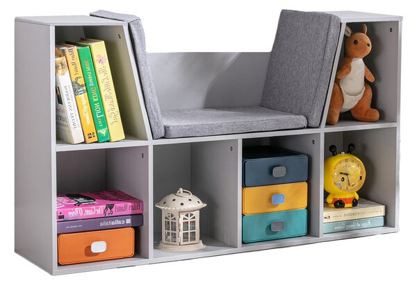 HOMCOM 2-in-1 Scaffale per bambini Scaffale + Panca con Cuscino 103 cm × 30 cm × 62 cm Bianco + Grigio | Aosom Italy