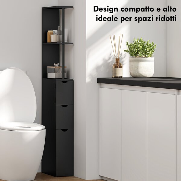 HOMCOM Mobile Colonna Salvaspazio in Legno con Ripiani, Armadietto e Cassetti, Nero, 15x33x136cm|Aosom