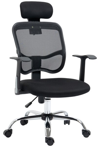 Sedia da Ufficio Ergonomica con Poggiatesta 63x62x106-114 cm in Poliestere e Acciaio Nero