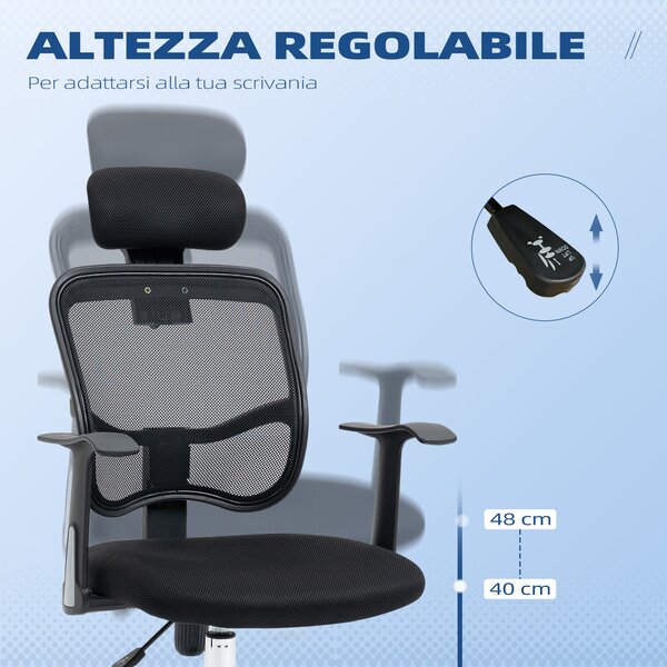Vinsetto Sedia da Ufficio Ergonomica con Seduta Regolabile e Poggiatesta, in Poliestere e Acciaio, 63x62x106-114 cm, Nero | Aosom Italy