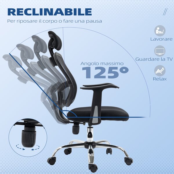 Vinsetto Sedia da Ufficio Ergonomica con Seduta Regolabile e Poggiatesta, in Poliestere e Acciaio, 63x62x106-114 cm, Nero | Aosom Italy