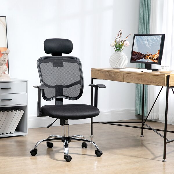 Sedia da Ufficio Ergonomica con Poggiatesta 63x62x106-114 cm in Poliestere e Acciaio Nero