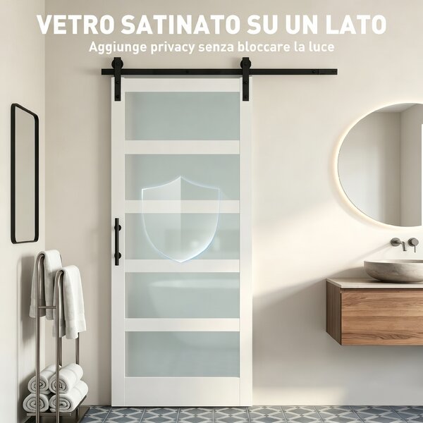 HOMCOM Porta Scorrevole con Kit e Pannelli in Vetro per Bagno, 91.4x213.4 cm, Bianco | Aosom Italy