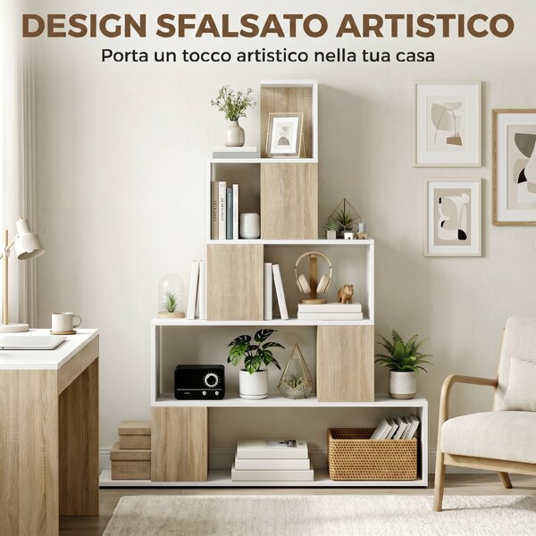 HOMCOM Libreria a 5 Ripiani con Design a Gradini Bianco e Naturale | Aosom Italy