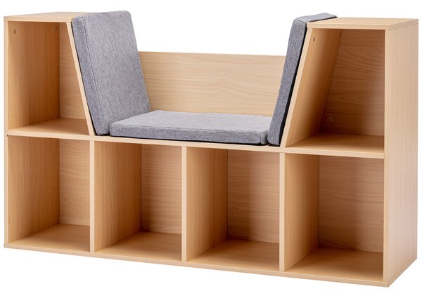 HOMCOM 2-in-1 Scaffale per Bambini Scaffale + Panca con Cuscino 103 cm × 30 cm × 62 cm Bianco + Grigio | Aosom Italy