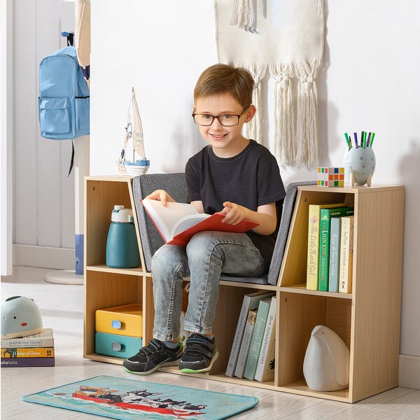 HOMCOM 2-in-1 Scaffale per Bambini Scaffale + Panca con Cuscino 103 cm × 30 cm × 62 cm Bianco + Grigio | Aosom Italy