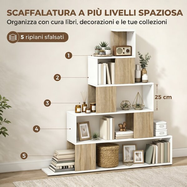 HOMCOM Libreria a 5 Ripiani con Design a Gradini Bianco e Naturale | Aosom Italy
