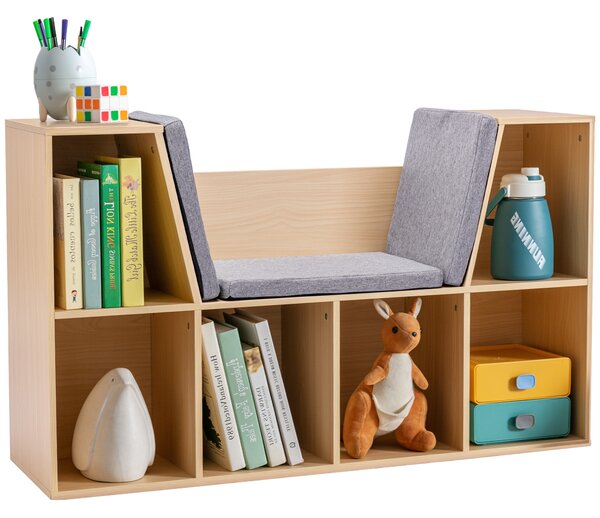 HOMCOM 2-in-1 Scaffale per Bambini Scaffale + Panca con Cuscino 103 cm × 30 cm × 62 cm Bianco + Grigio | Aosom Italy