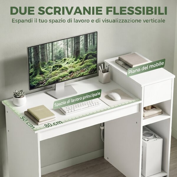 HOMCOM Scrivania per Studio e Scrittura con Cassetto e Scaffali, 108x50x82 cm, Bianco | Aosom Italy