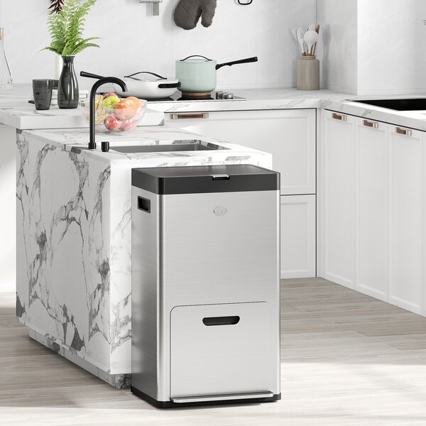 HOMCOM Bidone Immondizia a 3 Sezioni da 56L con Supporto per Deodorante, in Acciaio e PP, 45.7x35.8x76 cm, Argento
