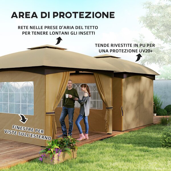 Outsunny Gazebo da Giardino 3.4x3.4m con Pareti in PU Anti-Strappo e Anti-Raggi UV, Tetto a 2 Livelli, Beige|Aosom