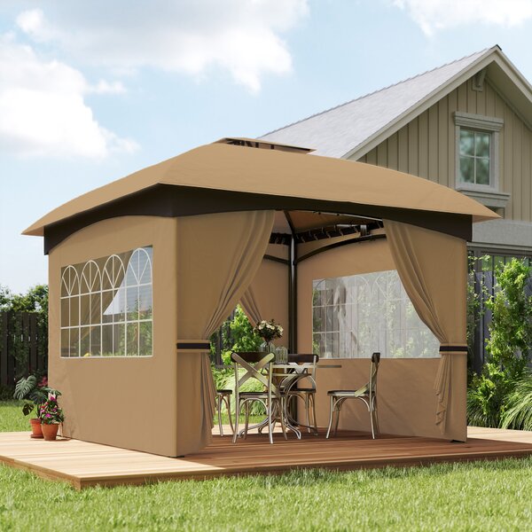 Outsunny Gazebo da Giardino 3.4x3.4m con Pareti in PU Anti-Strappo e Anti-Raggi UV, Tetto a 2 Livelli, Beige|Aosom