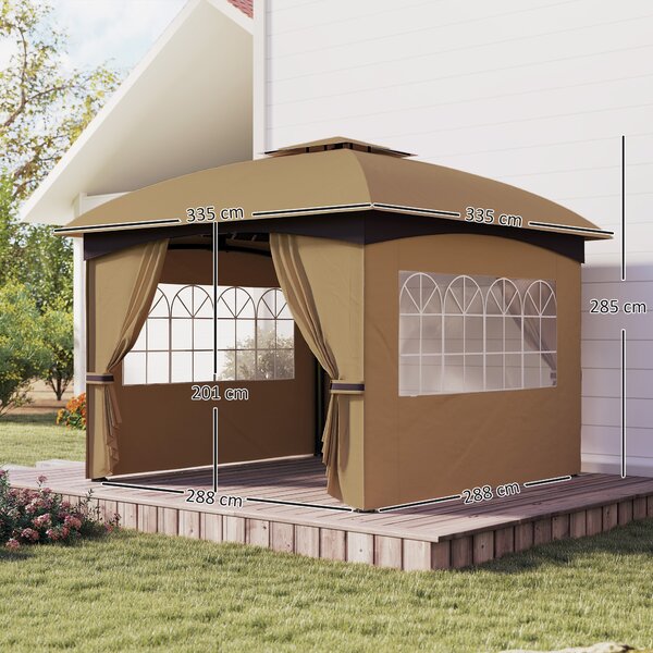 Outsunny Gazebo da Giardino 3.4x3.4m con Pareti in PU Anti-Strappo e Anti-Raggi UV, Tetto a 2 Livelli, Beige|Aosom