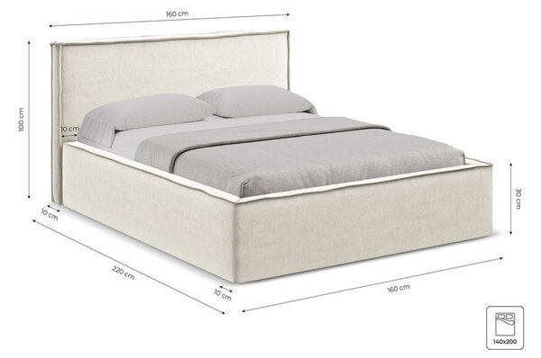 Letto matrimoniale imbottito crema con contenitore con griglia 140x200 cm Anani - Makamii