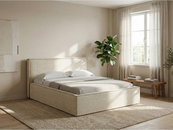 Letto matrimoniale imbottito crema con contenitore con griglia 140x200 cm Anani - Makamii