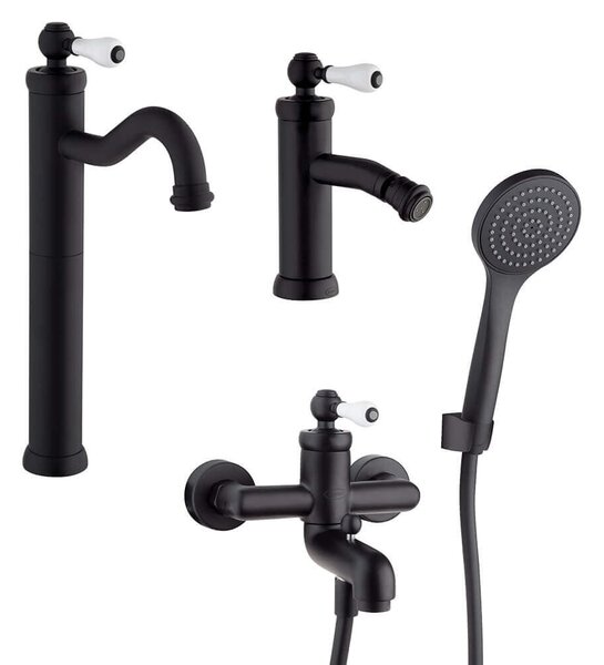 Rubinetti lavabo alto bidet e gruppo vasca Jacuzzi Rubinetteria serie Tosca nero opaco