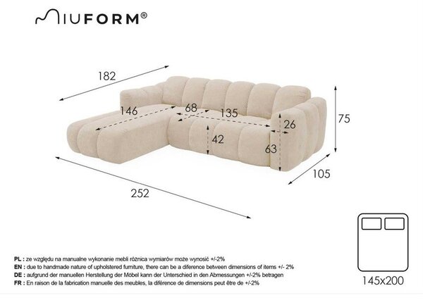 Divano angolare color crema allungabile (con penisola a sinistra) con rivestimento in ciniglia Michell – Miuform