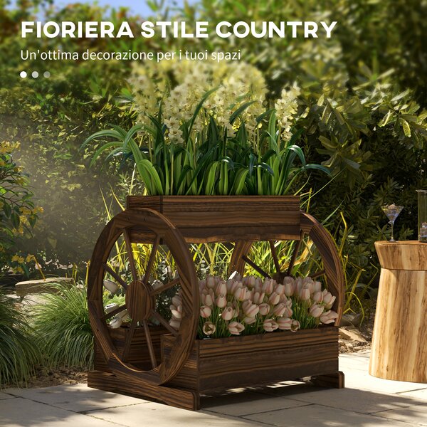 Outsunny Fioriera in Legno da Esterno a 2 Livelli con 3 Vasi e Ruote di Carro Stile Country, 64x54x60cm|Aosom