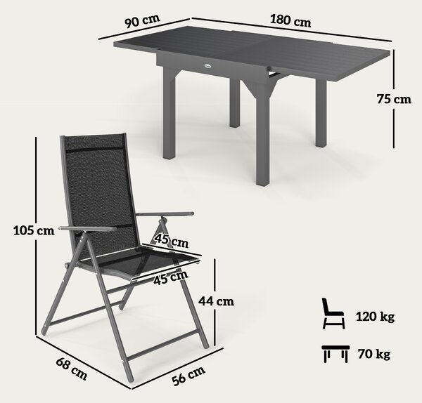 Outsunny Set da Giardino 7 Pezzi con 6 Sedie Pieghevoli e Tavolo Allungabile, in Acciaio, Alluminio e Rete Grigio e Nero
