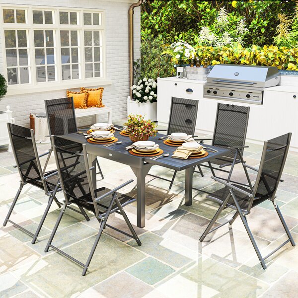Outsunny Set da Giardino 7 Pezzi con 6 Sedie Pieghevoli e Tavolo Allungabile, in Acciaio, Alluminio e Rete Grigio e Nero