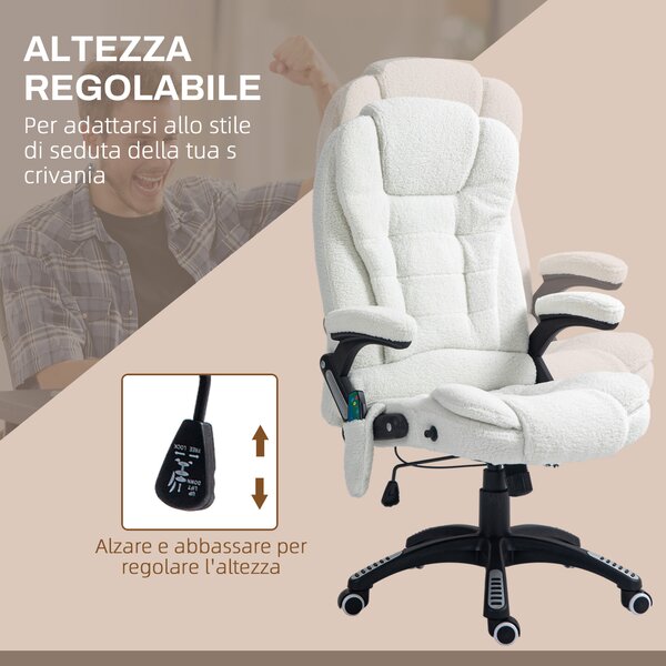 Vinsetto Poltrona Ufficio Massaggiante con Altezza Regolabile e Telecomando, sedia Ergonomica in Tessuto Lino, 67x74x107-116cm, Bianco|Aosom Italy