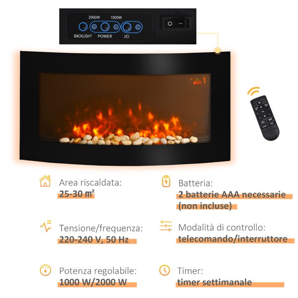 HOMCOM Camino Elettrico a Parete e da Incasso con Luce LED a 7 Colori, Potenza 1000/2000W e Temperatura 15-30°C, Nero