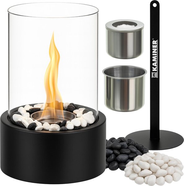 Caminetto a bioetanolo a stelo 28×16×16 cm acciaio verniciato a polvere, pareti in vetro, fibra Vetroceramica senza fumo e senza fuliggine 26300