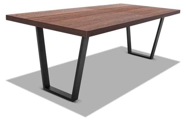 Tavolo da pranzo 220x100cm in legno e metallo con piedi trapezoidali e ripiano in colore legno teak