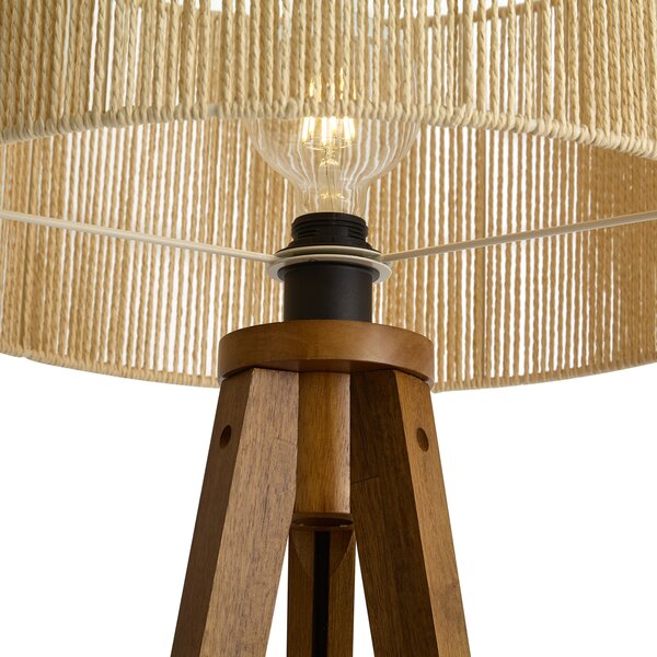 Lampada da terra vintage in legno con paralume in corda di carta beige 50/50/25 - Tripod Classic