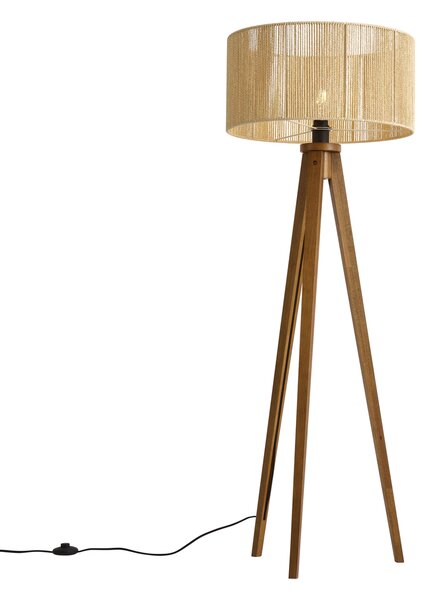 Lampada da terra vintage in legno con paralume in corda di carta beige 50/50/25 - Tripod Classic
