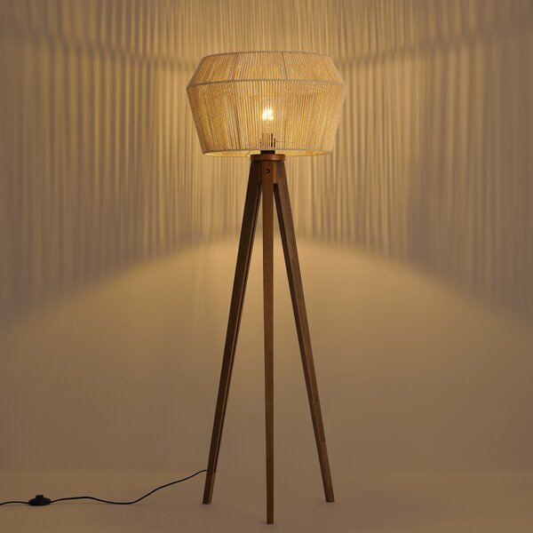 Lampada da terra vintage in legno con paralume in corda di carta marrone 50/50/30 - Tripod Classic