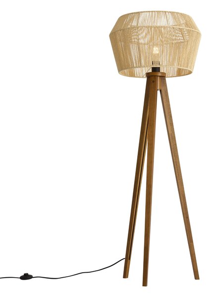 Lampada da terra vintage in legno con paralume in corda di carta marrone 50/50/30 - Tripod Classic
