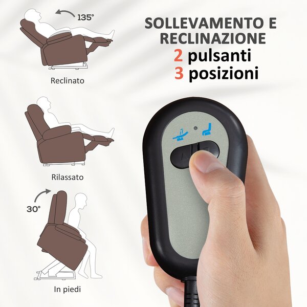 HOMCOM Poltrona Alzapersona Elettrica Reclinabile con Telecomando e Tasca in Tessuto, Marrone Scuro