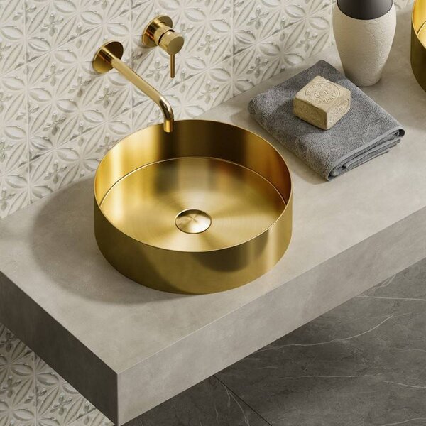 Kamalu lavabo da appoggio rotondo in acciaio inox finitura oro | kve-380g