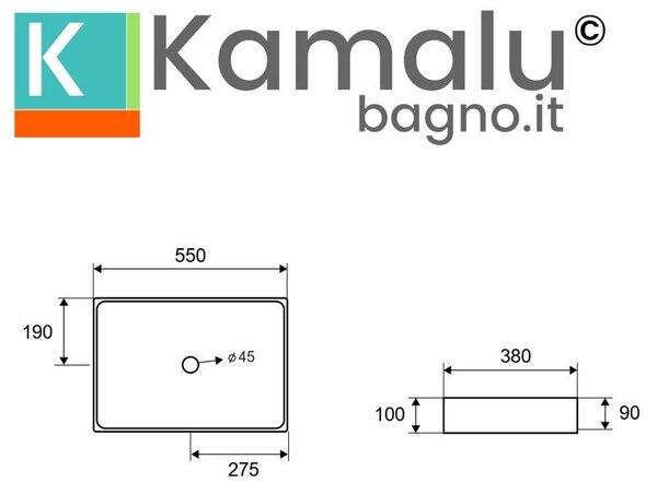 Kamalu lavabo appoggio rettangolare in acciaio finitura gun metal | ksa-550gm