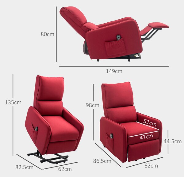 Poltrona Alzapersona con poggiapiedi e Tasca, Sedia Elettrica Reclinabile di 135° con Telecomando, Rosso | Aosom Italy