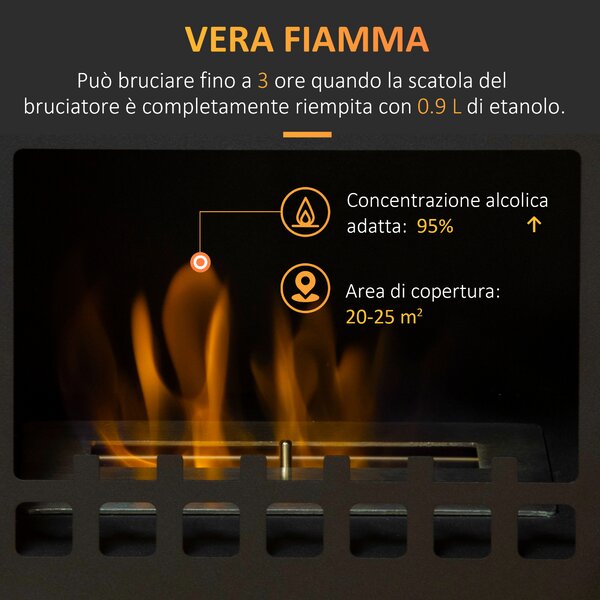 HOMCOM Camino Bioetanolo autoportante a bioetanolo con Serbatoio da 1.5L e 25m², in Metallo da 3h di Combustione, 41x25x54 cm, Nero | Aosom Italy