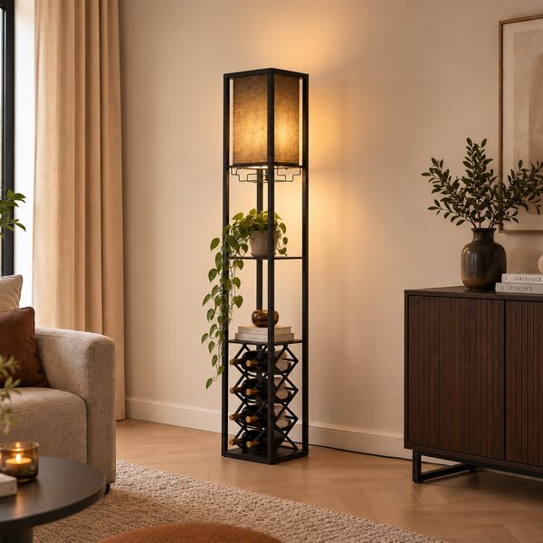 Lampada da terra moderna nera con paralume in tessuto e portabottiglie - Stojan Wine