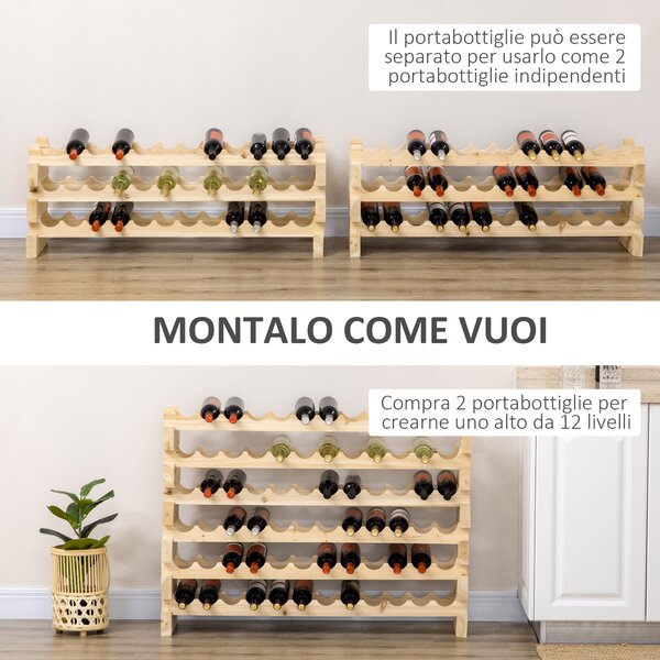 HOMCOM Scaffale Portabottiglie in Legno di Pino, Cantinetta con 6 Ripiani, Max 72 Bottiglie (100 kg), 114 x 28 x 80 cm|Aosom