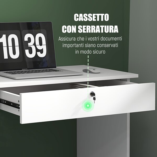 HOMCOM Scrivania Moderna con 5 Cassetti e Scomparto Aperto con Serratura e 2 Chiavi, 110x50x76cm, Bianco|Aosom