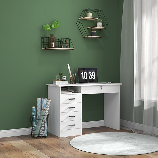 HOMCOM Scrivania Moderna con 5 Cassetti e Scomparto Aperto con Serratura e 2 Chiavi, 110x50x76cm, Bianco|Aosom